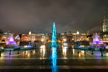 Trafalgar Square with Christmas tree in London England 