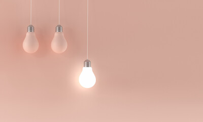 Hanging lightbulbs with one glowing on pink background. 3D illustration.