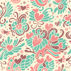 Seamless pattern with hearts and abstract graphics. Vintage style. Great for printing, wrapping paper, textiles, valentine's day, mom's day, and more.