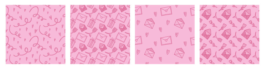 Set of vector seamless patterns. Hearts, flowers, gifts and letters in doodle style. Pack of surface design with love concept. Background for cards, social media posts, printing on wrapping paper.

