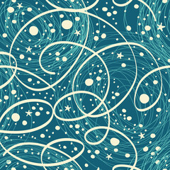 Seamless pattern with serpentine, snowflakes and stars on a blue background.