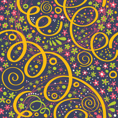Seamless pattern with bright serpentines on a dark blue background.