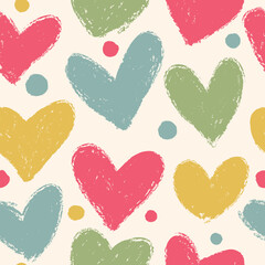 Seamless pattern with hand drawn heart. Hearts painted dry brush. Ink illustration. Ornament for wrapping paper.