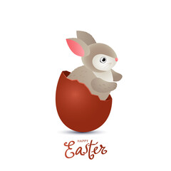 greeting card with chocolate Easter bunny sitting in an egg shell. Congratulatory hand lettering Happy Easter.
