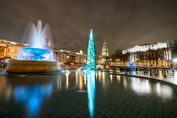 Trafalgar Square with Christmas tree in London England 