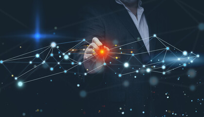 Businessman in suit and holographic global network with connections. Internet communications, wireless connection, distribution point