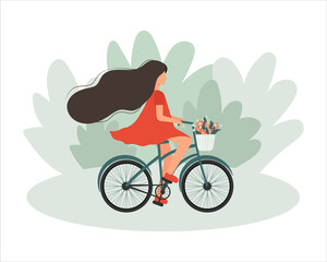 Woman in red dress riding bike vector flat Illustration. Autdoor activity concept.