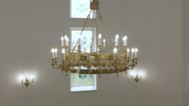 Aerial Drone Flight around Church Lampshade inside Church