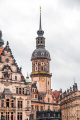 Naklejka premium Hausmannsturm tower and Dresden Cathedral Catholic Court Church in the old town or Altstadt of Dresden