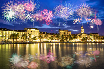 Fototapeta na wymiar Riva promenade and Diocletian Palace with fireworks. Split, Croatia