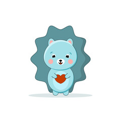 Cute blue hedgehog with a red heart in the legs in the kawaii style. Vector illustration on a white, isolated background