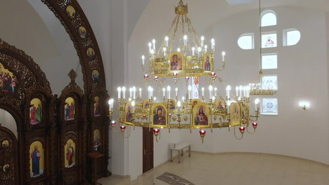 Aerial Drone Flight around Church Lampshade inside Church