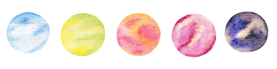 Colorful watercolor collection, elements in space style. Multicolored abstract planets isolated on a white background.