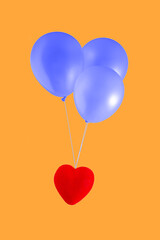 Red heart are worn by blue balloons on a yellow background, Valentine's Day