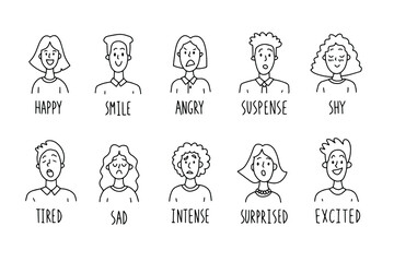 Faces expressions with feelings, moods, emotion. Set outline doodle people portraits. Draw