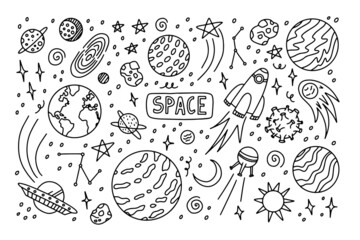 Outline doodle space draw elements. Raster line illustration. 