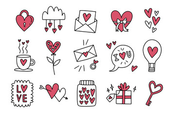 Outline doodle love theme set, romance, February 14, Valentine's Day. Design elements, white background. Inscriptions. Cute cartoon style. 