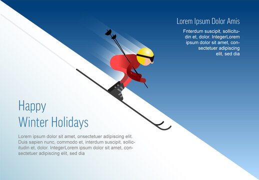 Winter Card with Illustration of Skier Sliding from the Snowy Hill