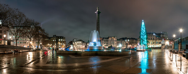Trafalgar Square panorama with Christmas tree in London. England 