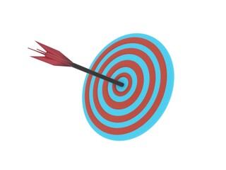 Cartoon red and white target in circles with an arrow stuck into it exactly in the center. Accurate hitting. One shot one hit.