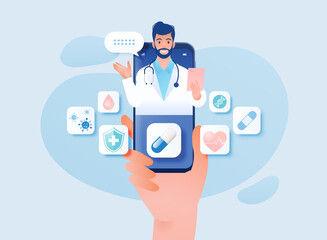 Telemedicine concept vector illustration. Consulting doctor using online technology through smartphone app is in palm of your hand.