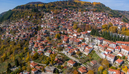 Fototapeta na wymiar Aerial drone photo of iconic village of Metsovo with traditional house, Epirus, Greece