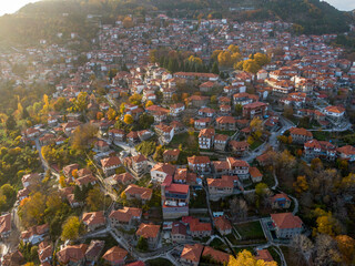 Aerial drone photo of iconic village of Metsovo with traditional house, Epirus, Greece in sunset...