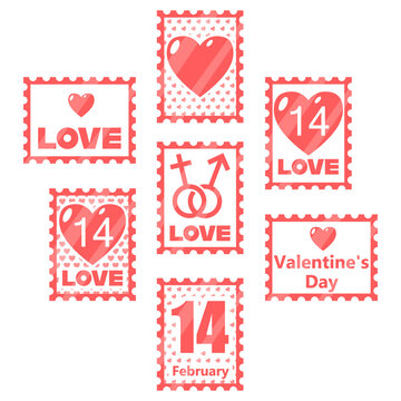 Postage stamps with love pictures. Valentine day stickers. Congratulations on the holiday. Postcard for lovers. Vector illustration, set of stamps on the envelope, isolate.