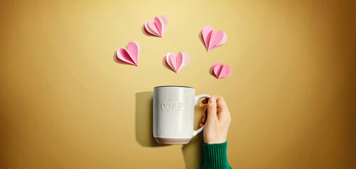Female hand holding a mug with paper craft hearts - flat lay