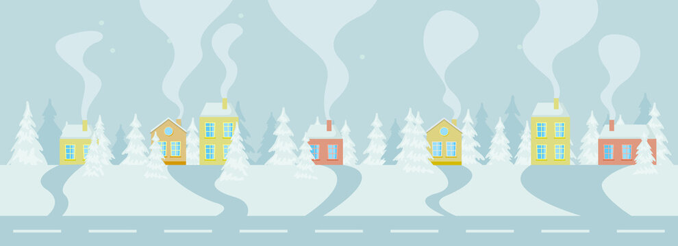 Winter landscape background. Houses in snow
