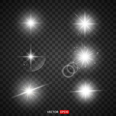 Shining star, the sun particles and sparks with a highlight effect, color bokeh lights glitter and sequins. On transparent background. Set. Vector, EPS10