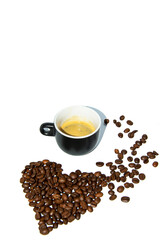 Coffee beans laid out in the shape of a heart on a white background. Isolate. Lifestyle