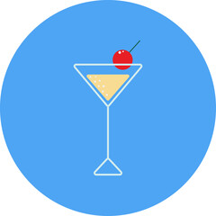 Filled cocktail glass with cherry on blue circle background.