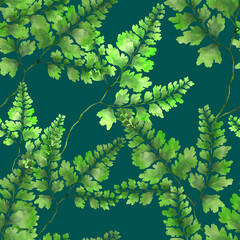 Fototapeta na wymiar Watercolor seamless pattern with fern leaves. Foliage decoration. Vintage botanical exotic illustration wallpaper. 