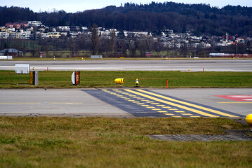 Close-up of runway at Zürich Airport on a cloudy winter day. Photo taken January 2nd, 2022,...