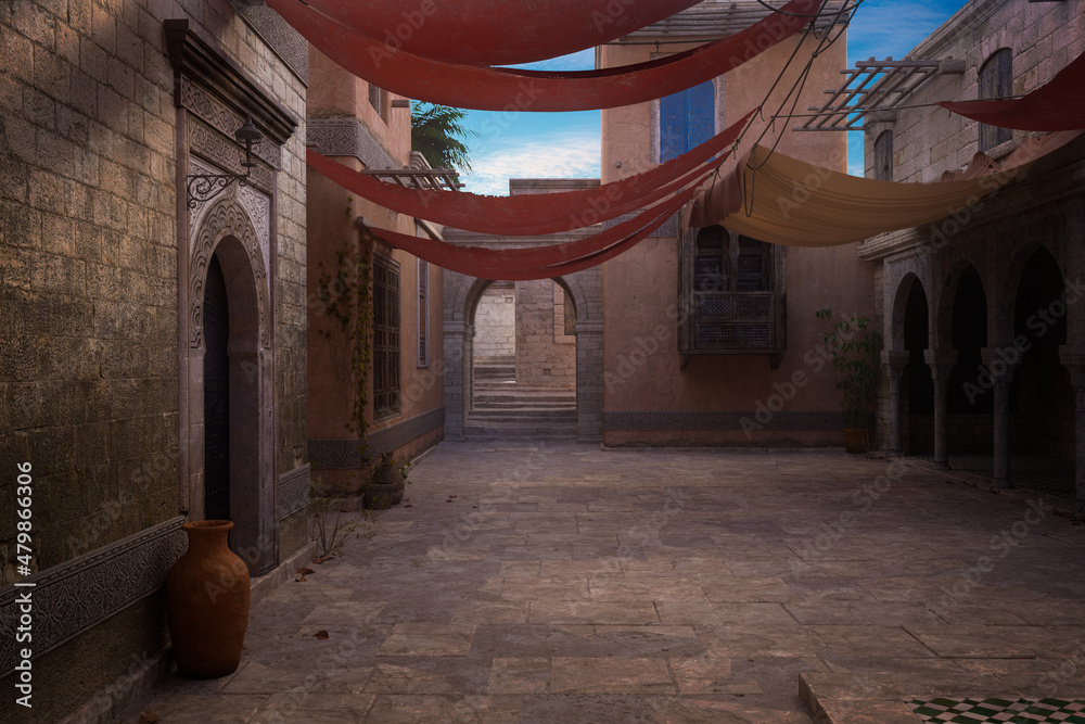 Poster Empty courtyard in an old medieval Moroccan town with an archway leading to steps on the far side. 3D illustration.