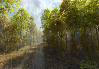 Dirt road with tire tracks in an autumn forest on a rainy and sunny day. 3D render.