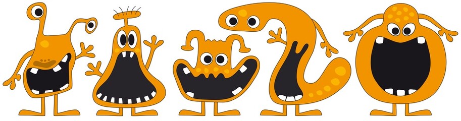 Lustige, ulkige Monster mit großen Eckzähnen und großem Maul, Cartoons