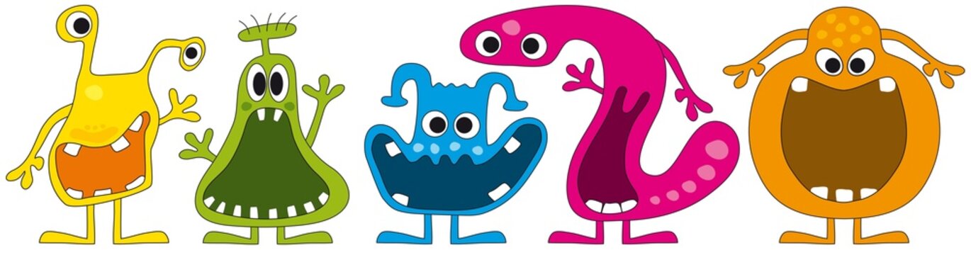 Skurrile Monster mit gro&szlig;em Maul und gro&szlig;en Eckz&auml;hnen, lustige Cartoons, Charakter