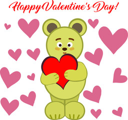 valentine's day with a bear. Vector illustration of a cute bear and cute hearts. white background with pink hearts. Red, pink, beige and brown colors.