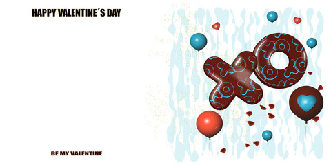 letters "XO" with meanings hugs and kisses. Decoration red and blue balloons, winged hearts and petals. White background with turquoise abstract motifs