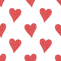 Stylish seamless pattern with hand-drawn red hearts. Textured sketchy background for wrapping paper, fabrics, wallpapers, postcards