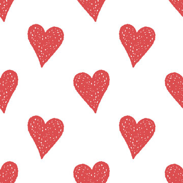 Stylish seamless pattern with hand-drawn red hearts. Textured sketchy background for wrapping paper, fabrics, wallpapers, postcards