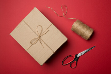 Box, rope and scissors on color background