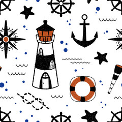 Vector pattern in doodle style with lighthouse anchor spyglass steering wheel with starfish compass nautical knot and lifebuoy on white background. Seamless pattern on marine concept