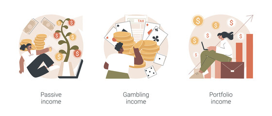 Investing savings abstract concept vector illustration set. Passive income, gambling winning, investment portfolio, dividends and property profit, online casino, cash flow abstract metaphor.