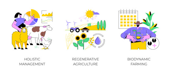 Land management abstract concept vector illustration set. Holistic management, regenerative agriculture, biodynamic farming, plant growth, planting calendar, soil fertility abstract metaphor.