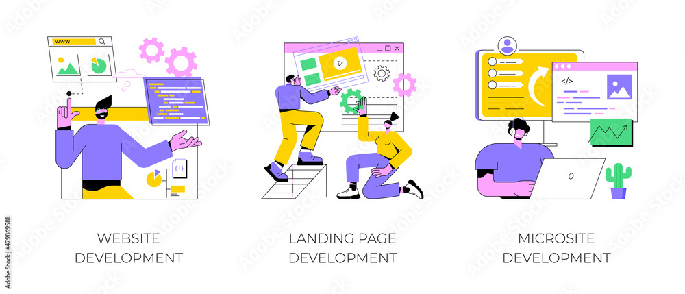 Poster webpage programming abstract concept vector illustration set. website, landing page, microsite devel