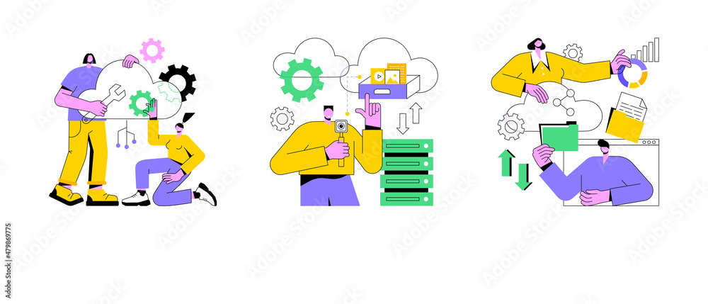 Poster cloud-based computing abstract concept vector illustration set. cloud engineering, storage and colla