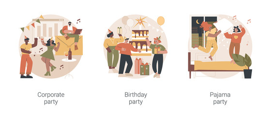 Celebration event abstract concept vector illustration set. Corporate and Birthday party, pajama night, friends sleepover, greeting card, kids having fun, team building, decoration abstract metaphor.